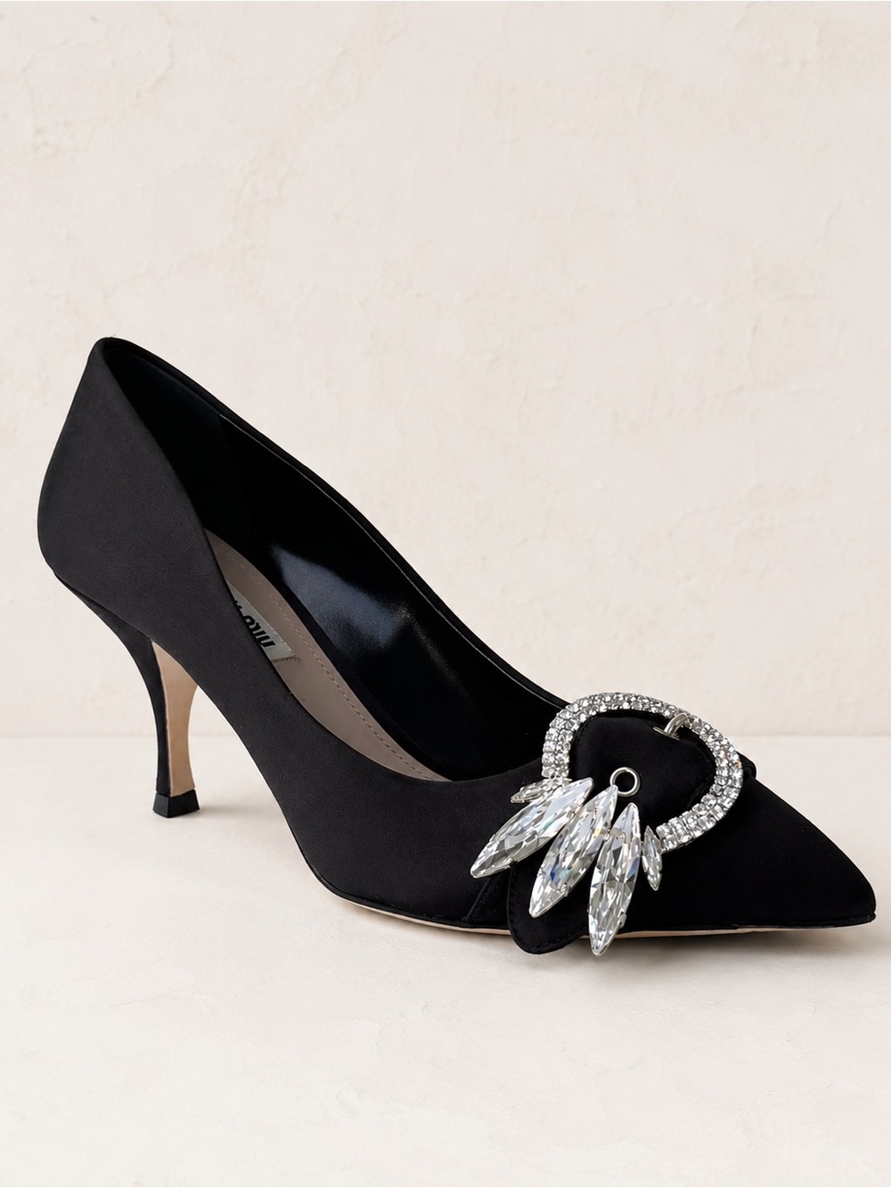 New! MIU MIU Black Satin Kitten Heels with Crystal Buckle IT 38.5/ US 8.5